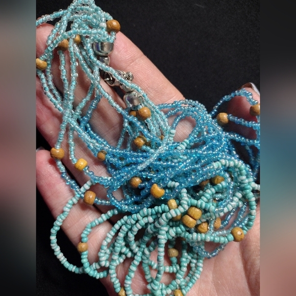 Blue Beaded Necklace With Wood Accent Beads - Picture 8 of 8